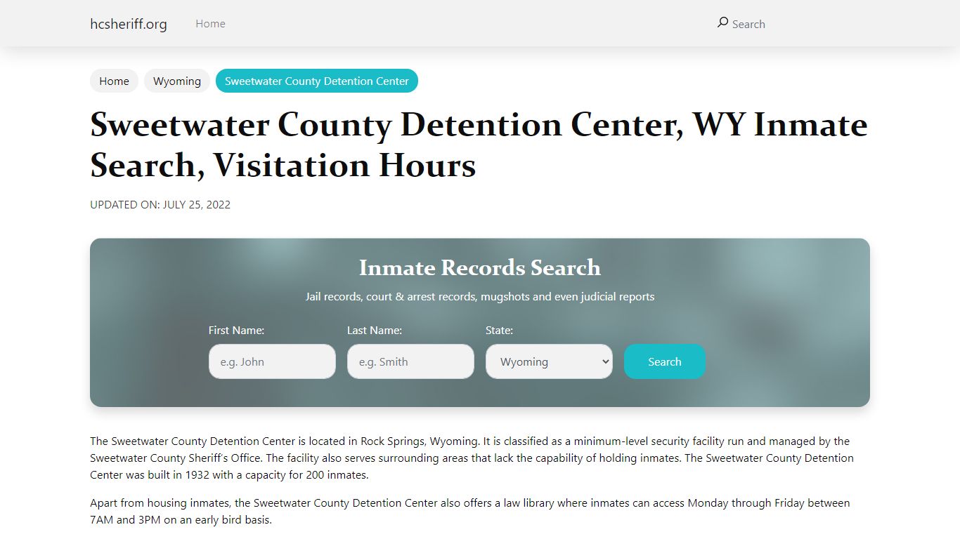 Sweetwater County Detention Center, WY Inmate Search, Visitation Hours